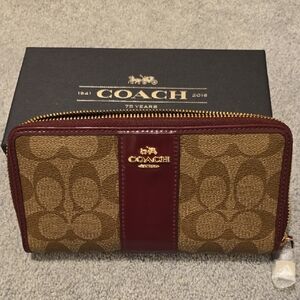 Coach Tan and Burgundy Zip-Around Wallet